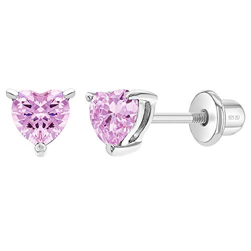 In Season Jewelry 925 Sterling Silber 4Mm Kleinkind, Mädchen Rosa Kristall Herzform CZ Ohrstecker Mit Schraubverschluss Geschenk Für Kinder Perfekt Für Besondere Anlässe, Alltägliche Kleidung von In Season Jewelry