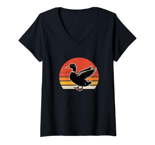 Damen Vintage- und Retro-Enten-Grafik für lustige Entenliebhaber T-Shirt mit V-Ausschnitt von In Sunset Style Retro Duck Silhouette Ducks Shirt