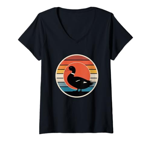 Damen Vintage- und Retro-Enten-Grafik für lustige Entenliebhaber T-Shirt mit V-Ausschnitt von In Sunset Style Retro Duck Silhouette Ducks Shirt