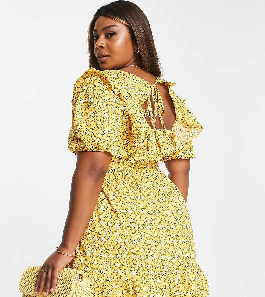 In The Style Plus x Jac Jossa - Kurzes Freizeitkleid in Gelb mit Blumenmuster mit weiten Ärmeln-Bunt von In The Style Plus