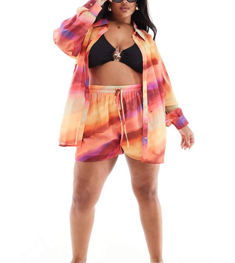 In The Style Plus x Perrie Sian - Halbtransparente Strand-Shorts in Orange mit Farbverlauf von In The Style Plus