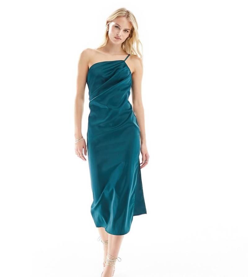 In The Style Tall - Satin-Midikleid in Smaragdgrün mit dünnem One-Shoulder-Träger von In The Style Tall