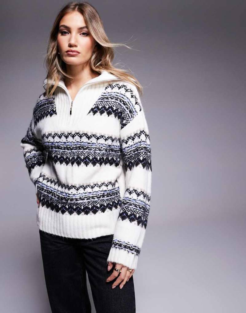 In The Style - Strickpullover in Creme mit Norwegermuster und kurzem Reißverschluss-Weiß von In The Style