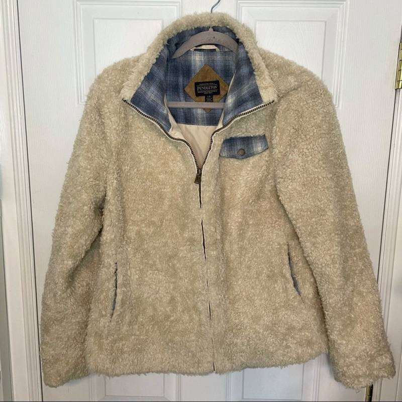 Pendleton Wollmischung Fuzzy Sherpa Creme Mit Karo Kuschelige Shacket Jacke Mantel Groß von InABlueMoonCo