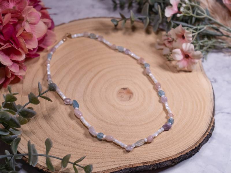 Perlenkette Perlmutt | Rosenquarz Aquamarin Amethyst Gold Filled von InAllenFacetten
