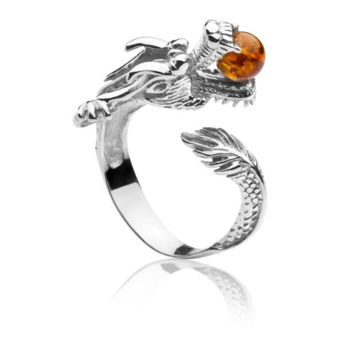 InCollections Damen-Ring Drache 925 Sterling Silber 1 Bernstein 5.5mm gelb größenverstellbar (52-64) von INCOLLECTIONS