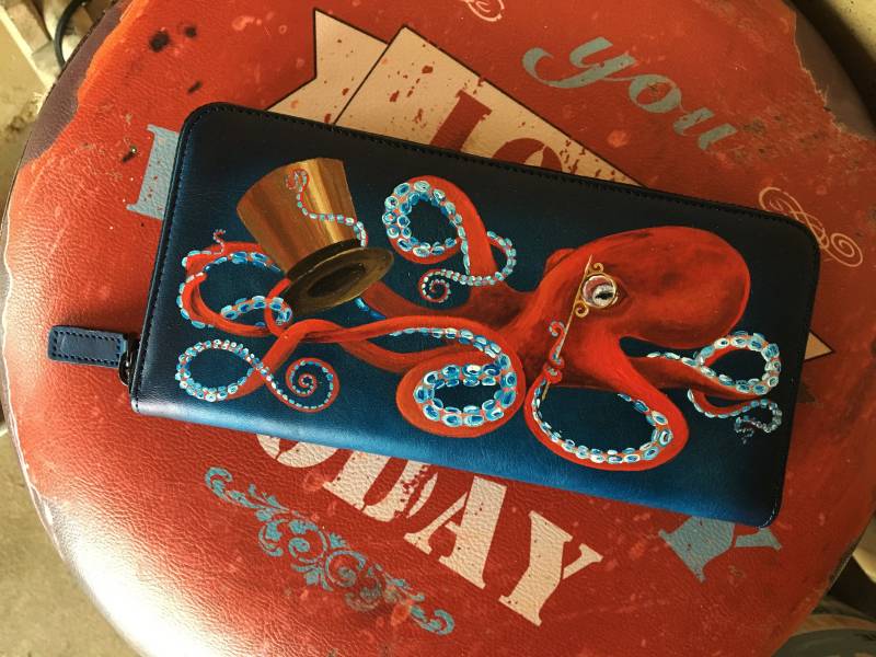 Kraken Steampunk Brieftasche Niedliche Leder Geldbörse Frauen Hand Bemalt Blaues von InGAartWork