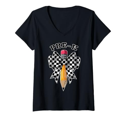 Damen Pre K Coquette Checkered Zurück zu Schule Lehrer Kinder T-Shirt mit V-Ausschnitt von InGENIUS Back to School Coquette Shirts & Gifts