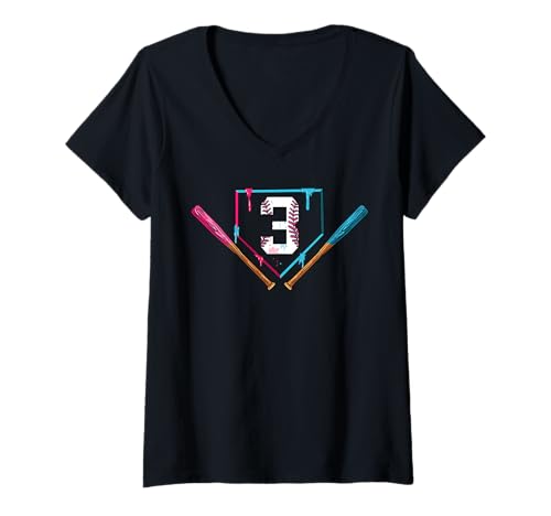 Damen 3. Geburtstag Baseball Ice Cream Drip 3 Jahre alt Junge T-Shirt mit V-Ausschnitt von InGENIUS Baseball Geburtstagsshirts & Geschenke