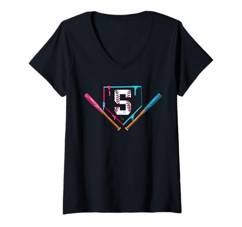 Damen 5. Geburtstag Baseball Ice Cream Drip 5 Jahre alt Junge T-Shirt mit V-Ausschnitt von InGENIUS Baseball Geburtstagsshirts & Geschenke