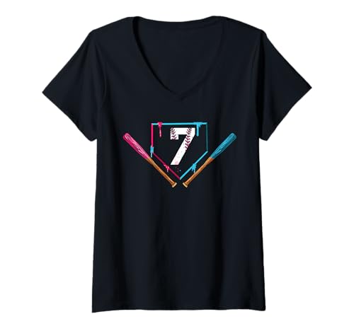 Damen 7. Geburtstag Baseball Eiscreme Tropf 7 Jahre alt Junge T-Shirt mit V-Ausschnitt von InGENIUS Baseball Geburtstagsshirts & Geschenke