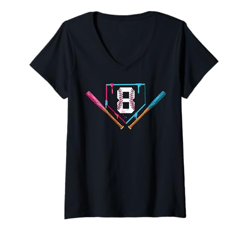 Damen 8. Geburtstag Baseball Eiscreme Tropf 8 Jahre alt Junge T-Shirt mit V-Ausschnitt von InGENIUS Baseball Geburtstagsshirts & Geschenke