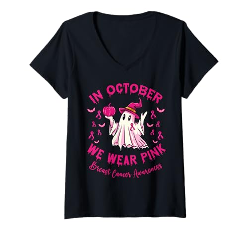 Damen Brustkrebs-Halloween-Geist Im Oktober tragen wir eine rosa T-Shirt mit V-Ausschnitt von InGENIUS Brustkrebs Halloween Shirts & Geschenke