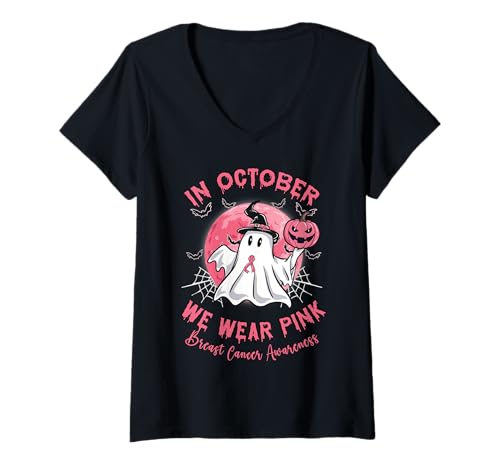 Damen Brustkrebs Halloween Ghost Oktober Wear Pink Awareness T-Shirt mit V-Ausschnitt von InGENIUS Brustkrebs Halloween Shirts & Geschenke