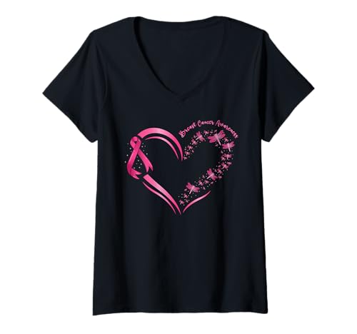 Damen Brustkrebs Herz Libelle Pink Ribbon Awareness Unterstützung T-Shirt mit V-Ausschnitt von InGENIUS Brustkrebs-Shirts & Geschenke