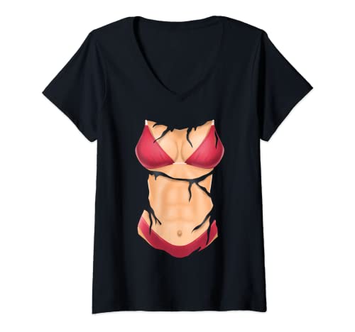 Damen Frauen Fake Six Pack Abs Bikini Körper Fake Big Boobs T-Shirt mit V-Ausschnitt von InGENIUS Fake Bodybuilding Sexy Körper