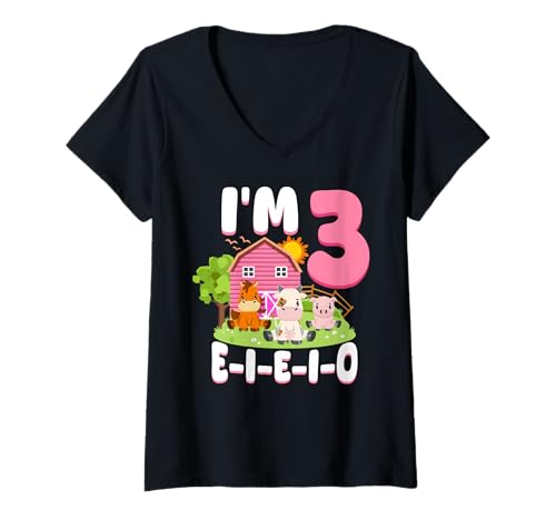 Damen 3. Geburtstag Bauernhof Tiere Ich Bin DREI I E I O 3 Jahre T-Shirt mit V-Ausschnitt Damen 3. Geburtstag Bauernhof Tiere Ich Bin DREI I E I O 3 Jahre T-Shirt mit V-Ausschnitt von InGENIUS Farm Geburtstagsshirts & Geschenke