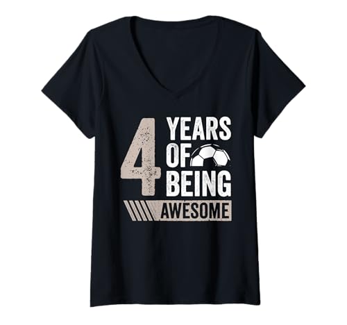 Damen Fußball 4. Geburtstag Junge 4 Jahre alt Geschenk Awesome T-Shirt mit V-Ausschnitt von InGENIUS Fußball Geburtstagsshirts & Geschenke