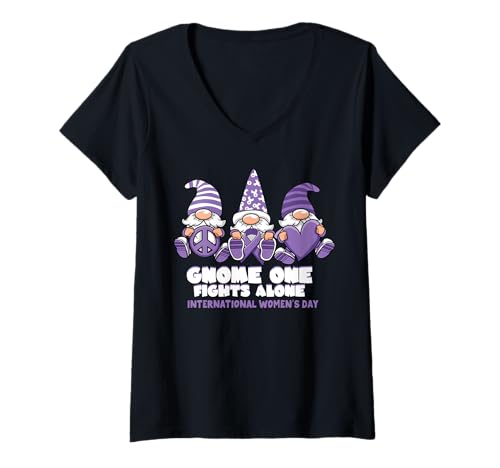 Damen Internationaler Frauentag Gnome One Fights Alone Wear Purple T-Shirt mit V-Ausschnitt von InGENIUS Gnome Awareness Shirts & Geschenke