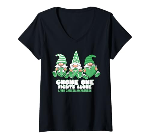 Damen Leberkrebs-Bewusstsein Zwerg Man kämpft allein Grün tragen T-Shirt mit V-Ausschnitt von InGENIUS Gnome Awareness Shirts & Geschenke