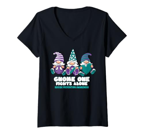 Damen Suizidprävention Zwerg Man kämpft allein Tragen Sie Lila T-Shirt mit V-Ausschnitt von InGENIUS Gnome Awareness Shirts & Geschenke