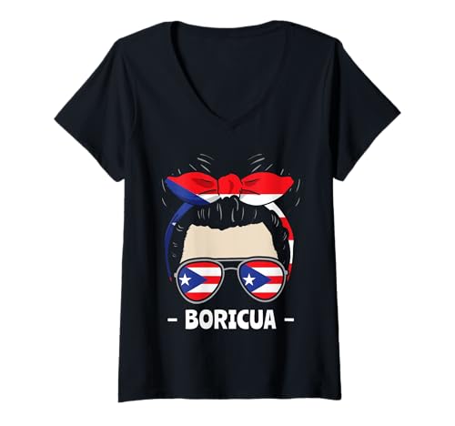 Damen Boricua Mädchen Unordentliches Brötchen Hispanisches Erbe T-Shirt mit V-Ausschnitt von InGENIUS Hispanic Heritage Hemden & Geschenke