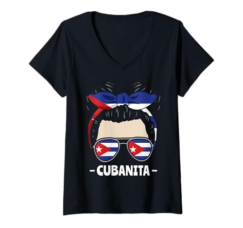 Damen Cubanita Kubanisches Mädchen Unordentliches Brötchen T-Shirt mit V-Ausschnitt von InGENIUS Hispanic Heritage Hemden & Geschenke