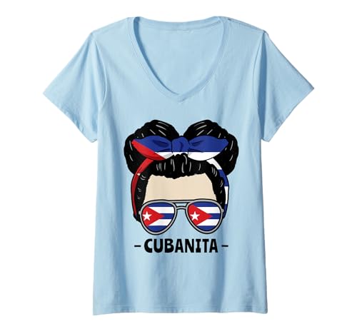 Damen Cubanita Kubanisches Mädchen Unordentliches Brötchen T-Shirt mit V-Ausschnitt von InGENIUS Hispanic Heritage Hemden & Geschenke