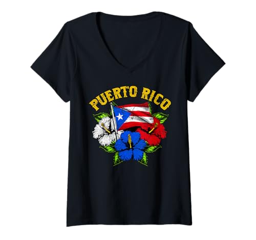 Damen Puerto Rico Flagge Floral Hispanic Erbe Boricua Geschenk T-Shirt mit V-Ausschnitt Damen Puerto Rico Flagge Floral Hispanic Erbe Boricua Geschenk T-Shirt mit V-Ausschnitt von InGENIUS Hispanic Heritage Hemden & Geschenke
