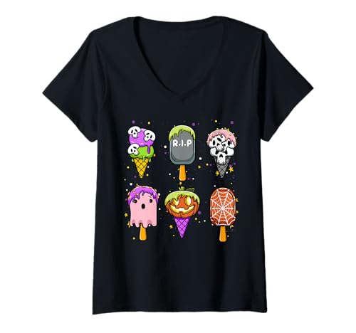 Damen Halloween EIS am Stiel Horrorfilm Sommer Eiscreme Summerween T-Shirt mit V-Ausschnitt Damen Halloween EIS am Stiel Horrorfilm Sommer Eiscreme Summerween T-Shirt mit V-Ausschnitt von InGENIUS Horror Film Eis am Stiel Shirts & Gifts