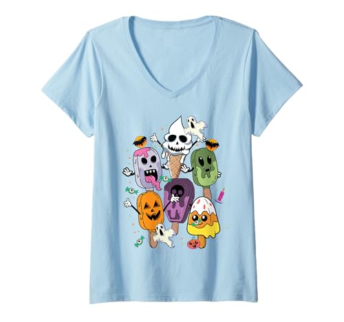 Damen Halloween EIS am Stiel Horrorfilm Sommer Eiscreme Summerween T-Shirt mit V-Ausschnitt Damen Halloween EIS am Stiel Horrorfilm Sommer Eiscreme Summerween T-Shirt mit V-Ausschnitt von InGENIUS Horror Film Eis am Stiel Shirts & Gifts
