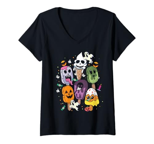 Damen Halloween EIS am Stiel Horrorfilm Sommer Eiscreme Summerween T-Shirt mit V-Ausschnitt Damen Halloween EIS am Stiel Horrorfilm Sommer Eiscreme Summerween T-Shirt mit V-Ausschnitt von InGENIUS Horror Film Eis am Stiel Shirts & Gifts