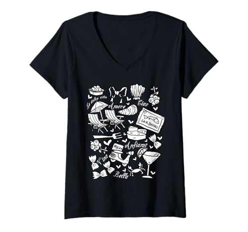 Damen Italienischer Sommer Clean Girl Sardinen in Dosen Ästhetisch T-Shirt mit V-Ausschnitt von InGENIUS Lustige Italienische Sardinen Shirts