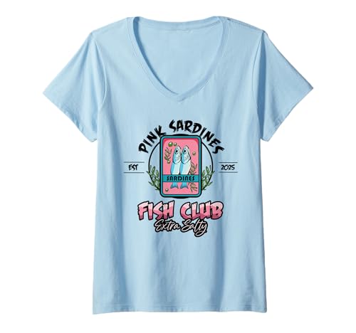 Damen Pink Sardines Club Fischkonserven Salty Summer Girls T-Shirt mit V-Ausschnitt Damen Pink Sardines Club Fischkonserven Salty Summer Girls T-Shirt mit V-Ausschnitt von InGENIUS Lustige Sardinen-Liebhaber Shirts & Gifts