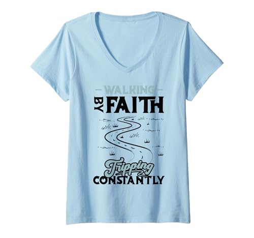 Damen Lustige christliche Walking by Faith Tripping Constantly T-Shirt mit V-Ausschnitt von InGENIUS Religiöse Hemden & Geschenke