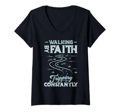 Damen Lustige christliche Walking by Faith Tripping Constantly T-Shirt mit V-Ausschnitt von InGENIUS Religiöse Hemden & Geschenke