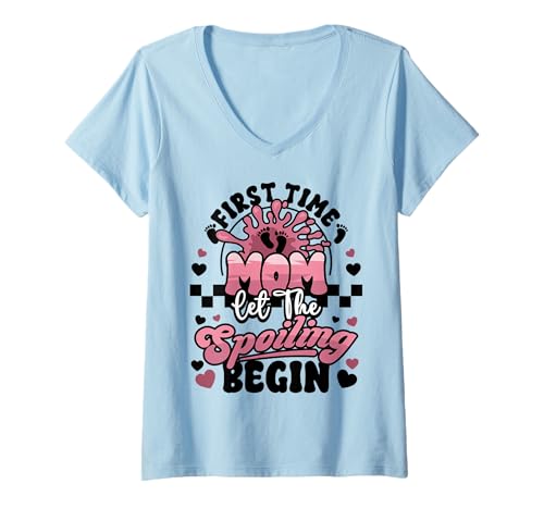 Damen First Time Mom Let Spoiling Begin Mama to be Mothers Day T-Shirt mit V-Ausschnitt von InGENIUS Schwangerschaftsankündigung Passende