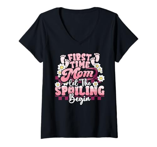 Damen First Time Mom Let Spoiling Begin Mama to be Mothers Day T-Shirt mit V-Ausschnitt von InGENIUS Schwangerschaftsankündigung Passende