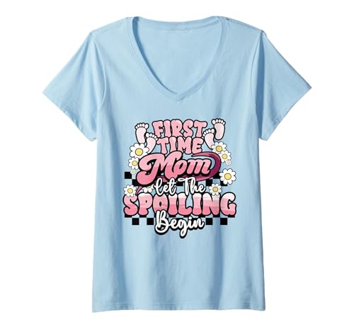 Damen First Time Mom Let Spoiling Begin Mama to be Mothers Day T-Shirt mit V-Ausschnitt von InGENIUS Schwangerschaftsankündigung Passende