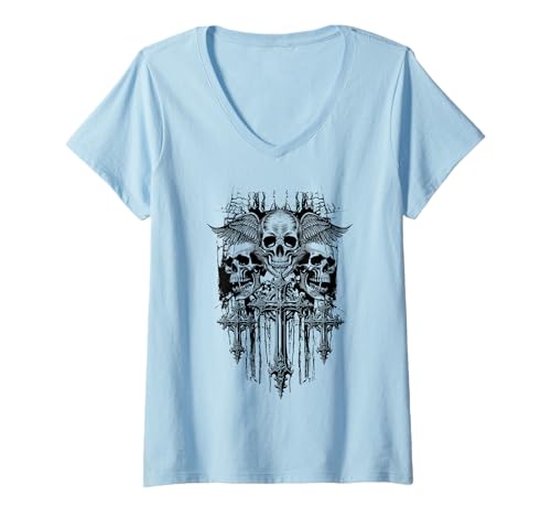 Damen Skull Kreuz Flügel Goth Alt Grunge Gothic Emo Ästhetik T-Shirt mit V-Ausschnitt von InGENIUS Skull Cross Hemden & Geschenke