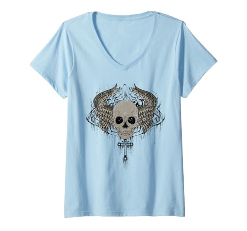 Damen Skull Kreuz Flügel Goth Alt Grunge Halloween Gothic Emo T-Shirt mit V-Ausschnitt Damen Skull Kreuz Flügel Goth Alt Grunge Halloween Gothic Emo T-Shirt mit V-Ausschnitt von InGENIUS Skull Cross Hemden & Geschenke