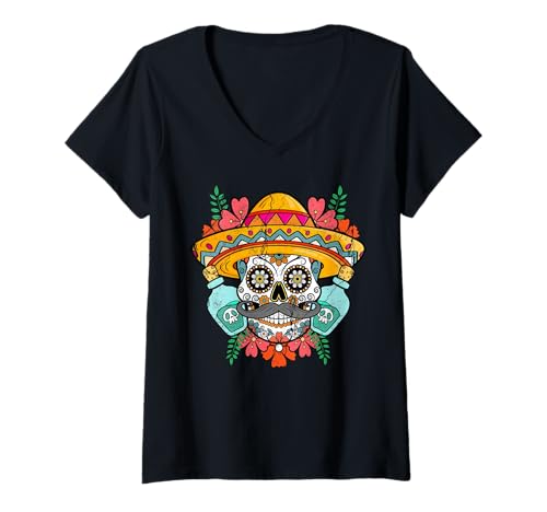 Damen Mexikanischer Zuckerschädel Tequila Dia De Los Muertos T-Shirt mit V-Ausschnitt von InGENIUS Tag der Toten Shirts & Geschenke