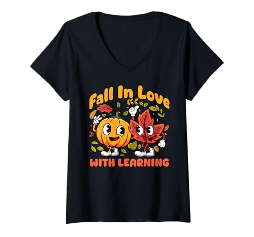 Damen Thanksgiving Lehrer Fall Love with Learning Autumn Leaves T-Shirt mit V-Ausschnitt von InGENIUS Thanksgiving Lehrer Shirts & Geschenke