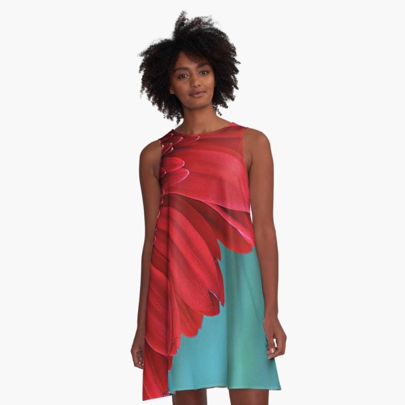Ein Linie Kleid, Blumenbekleidung, Rote Blumenkleid, Rot Und Petrol Minikleid, A-Linie Flare Blume Skater Gerber Daisy Minikleid von InLightImagery