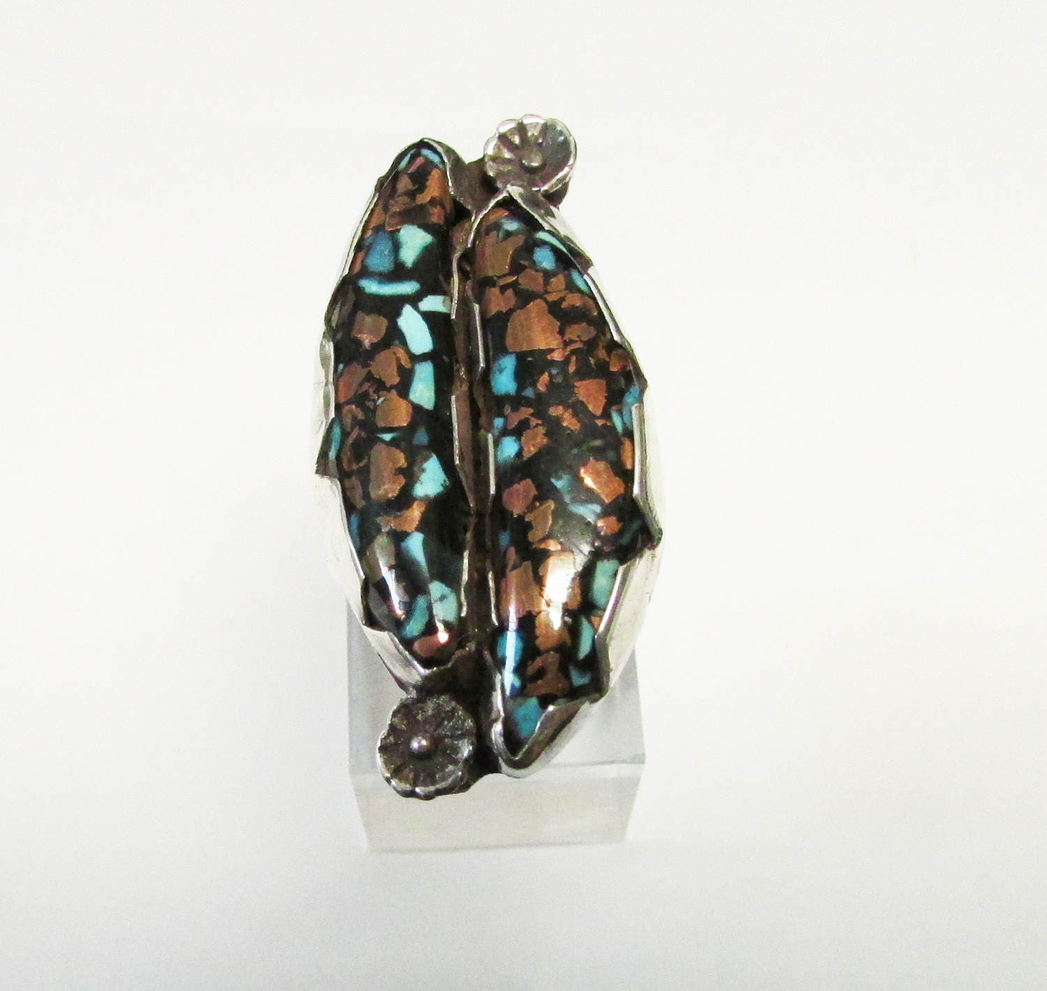 Vintage Estate Southwestern Silber Einlegearbeit Mosaik Chip Kupfer Türkis Ring Vintage Estate Southwestern Silber Einlegearbeit Mosaik Chip Kupfer Türkis Ring von InMyGrandmasHouse