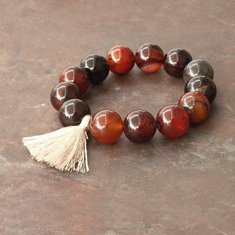 Braunes Natürliches Fancy Achat Armband Mit Quaste, Stapelbar Herren Und Frauen Mala Stretch Armband, Yoga Schmuck, Meditation von InSantorini