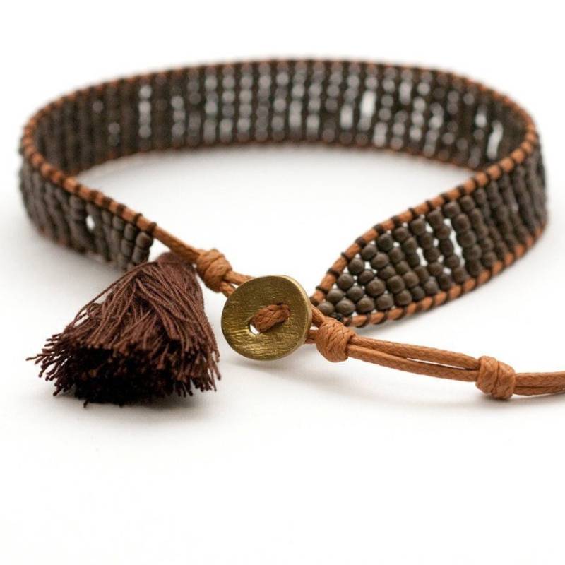 Perlen Gewebtes Manschette Armband Mit Quaste, Männer Und Frauen Armband, Braun Wickelarmband von InSantorini