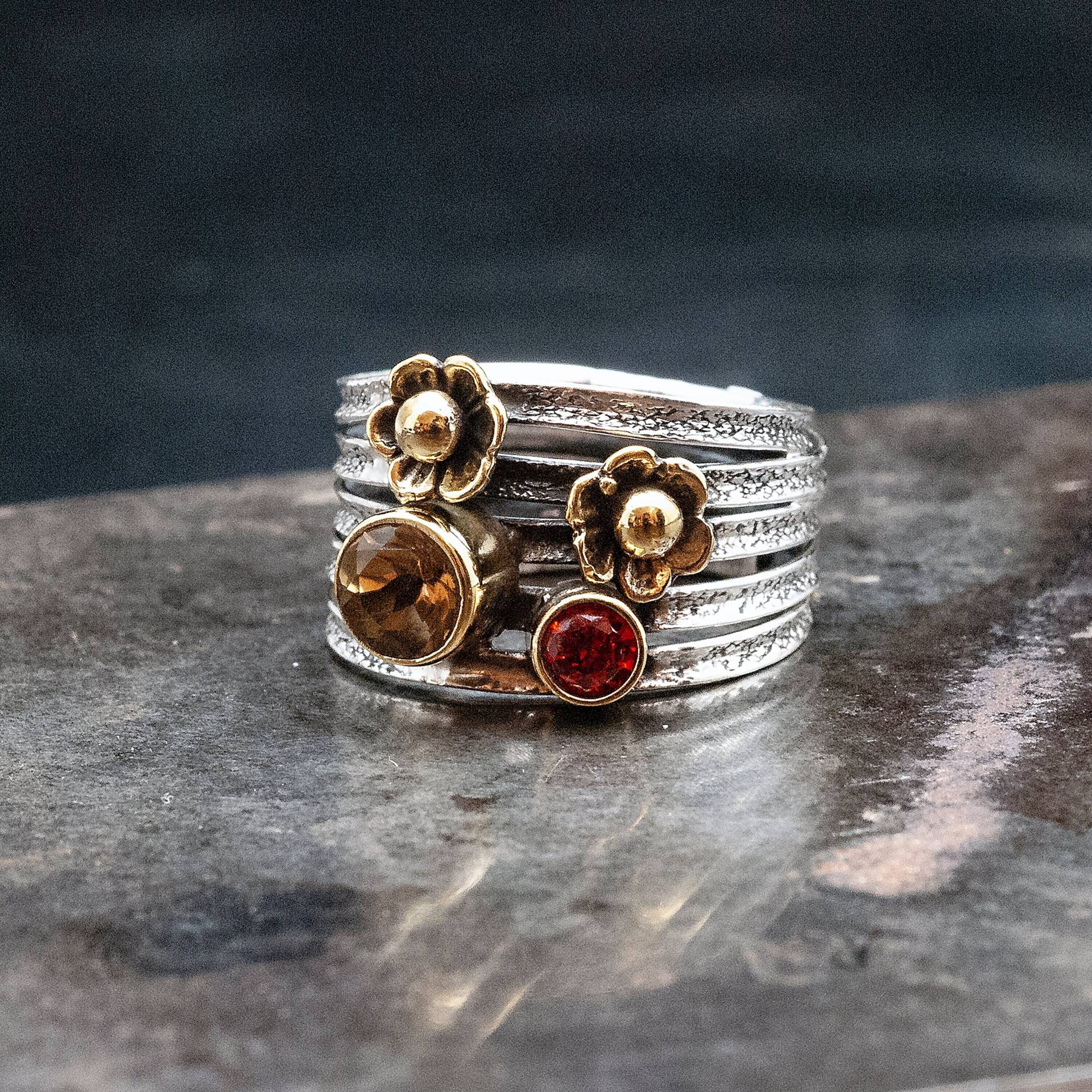 Silber Citrin Ring Mit Gold Blumen Boho Chic November Geburtsstein von InSantorini