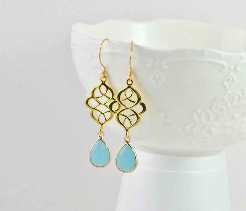 Gold Türkis Baumeln Ohrringe, Teardrop Brautjungfern Tropfen Hochzeit Kronleuchter Liebesknoten Ohrringe Goldschmuck Geschenk von InVogueDesignStudio