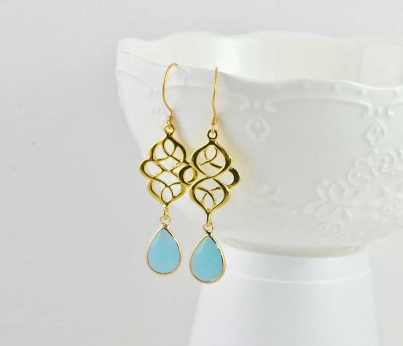 Gold Türkis Baumeln Ohrringe, Teardrop Brautjungfern Tropfen Hochzeit Kronleuchter Liebesknoten Ohrringe Goldschmuck Geschenk von InVogueDesignStudio